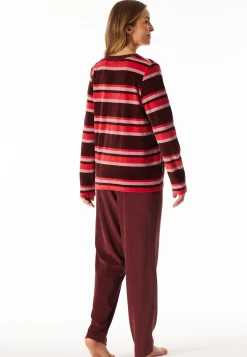 Schlafanzug lang Velour Ringel burgund - Comfort Nightwear