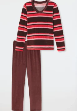 Schlafanzug lang Velour Ringel burgund - Comfort Nightwear