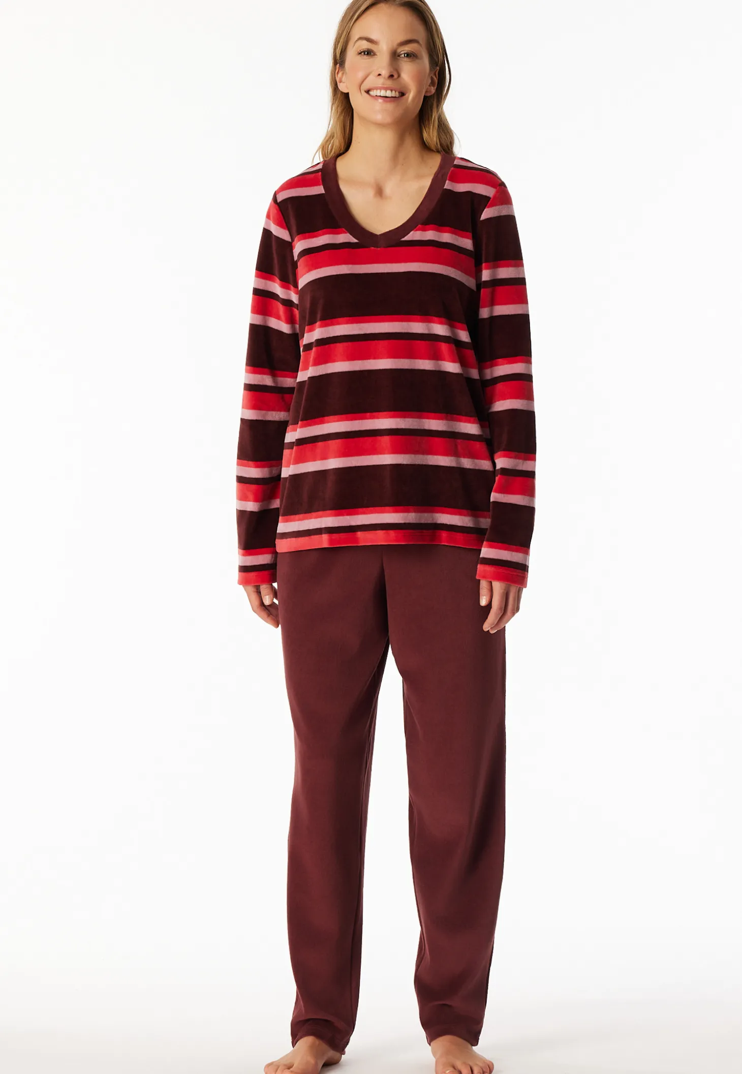 Schlafanzug lang Velour Ringel burgund - Comfort Nightwear
