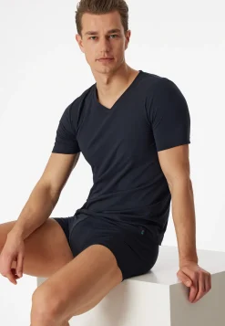 Shirt kurzarm Jersey elastisch V-Ausschnitt blauschwarz - Long Life Soft