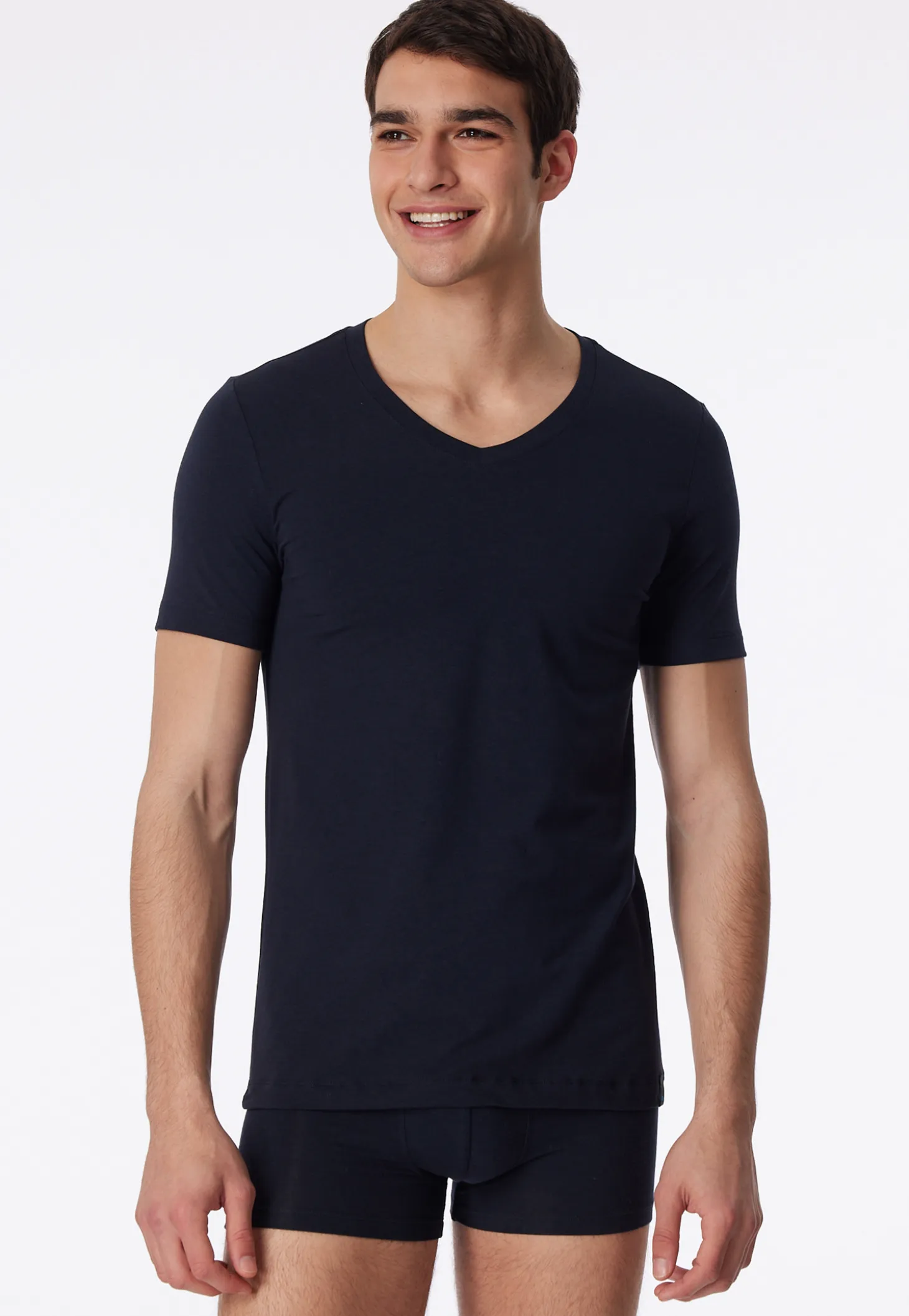 Shirt kurzarm Jersey elastisch V-Ausschnitt blauschwarz - Long Life Soft