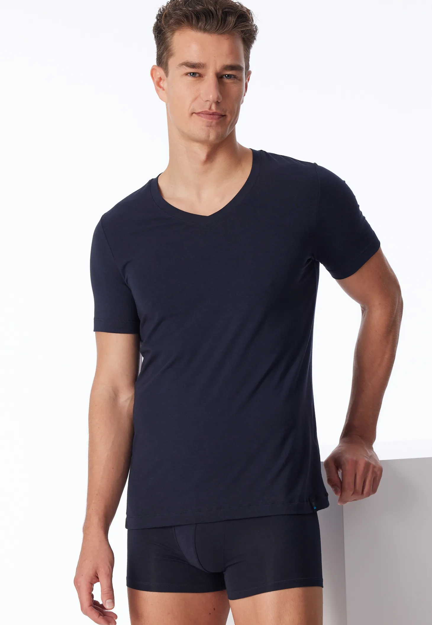 Shirt kurzarm Jersey elastisch V-Ausschnitt blauschwarz - Long Life Soft