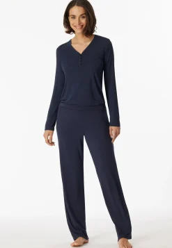 Shirt langarm Modal V-Ausschnitt Knopfleiste blau - Mix+Relax