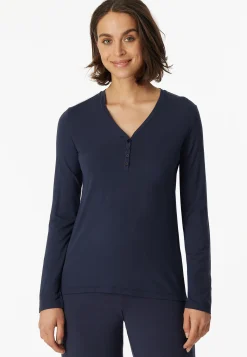 Shirt langarm Modal V-Ausschnitt Knopfleiste blau - Mix+Relax