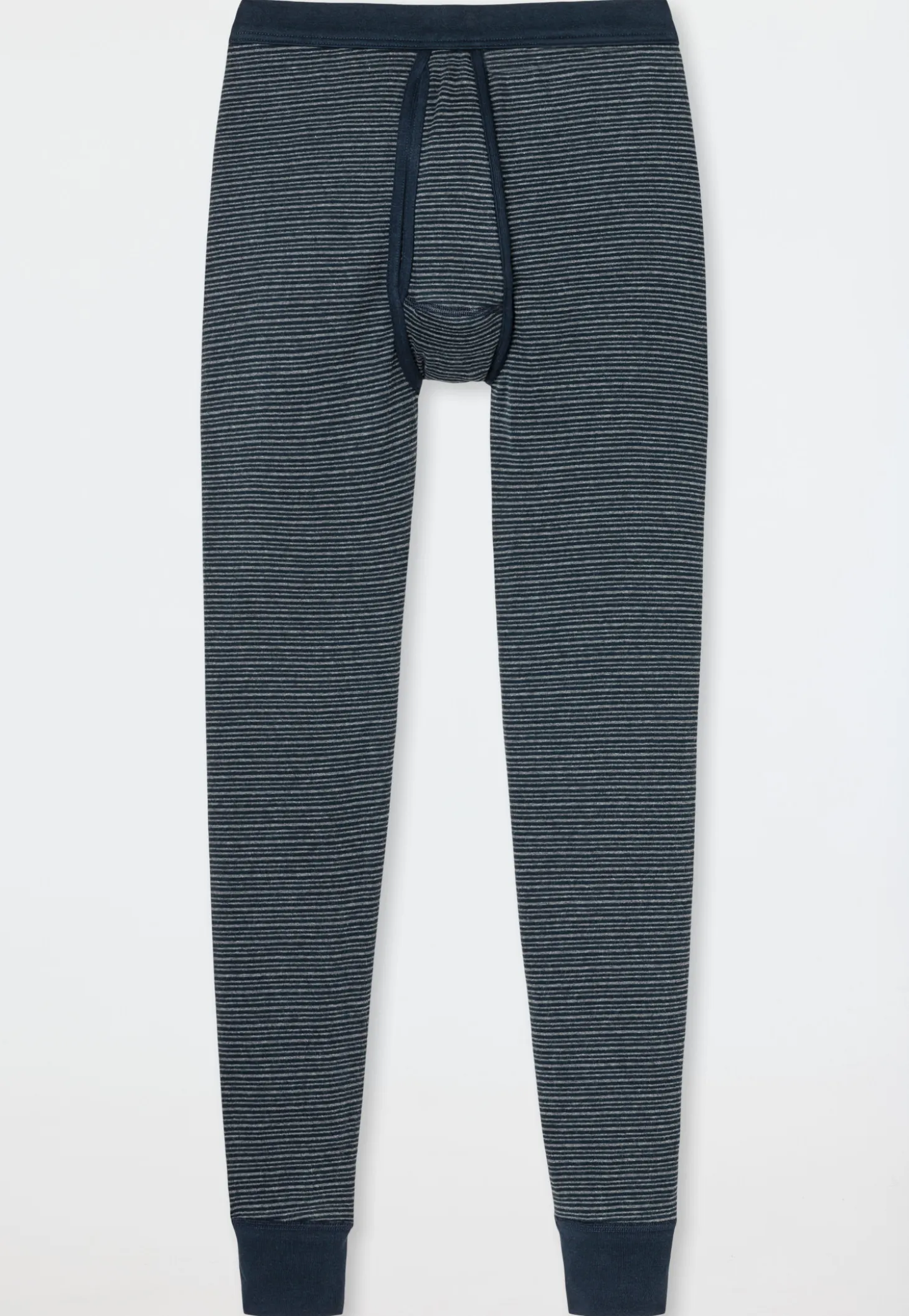 Unterhose lang mit Eingriff dunkelblau geringelt - Feinripp melange