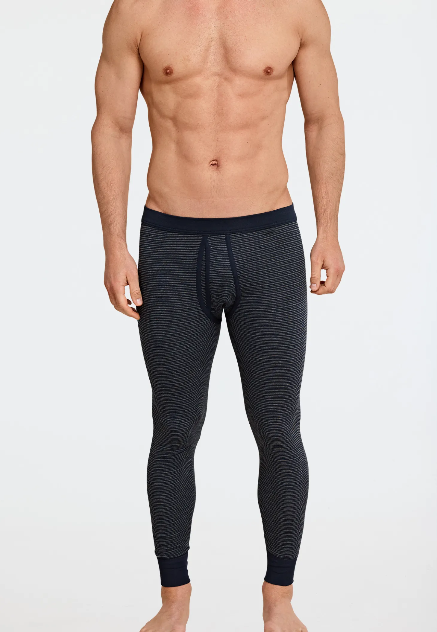 Unterhose lang mit Eingriff dunkelblau geringelt - Feinripp melange