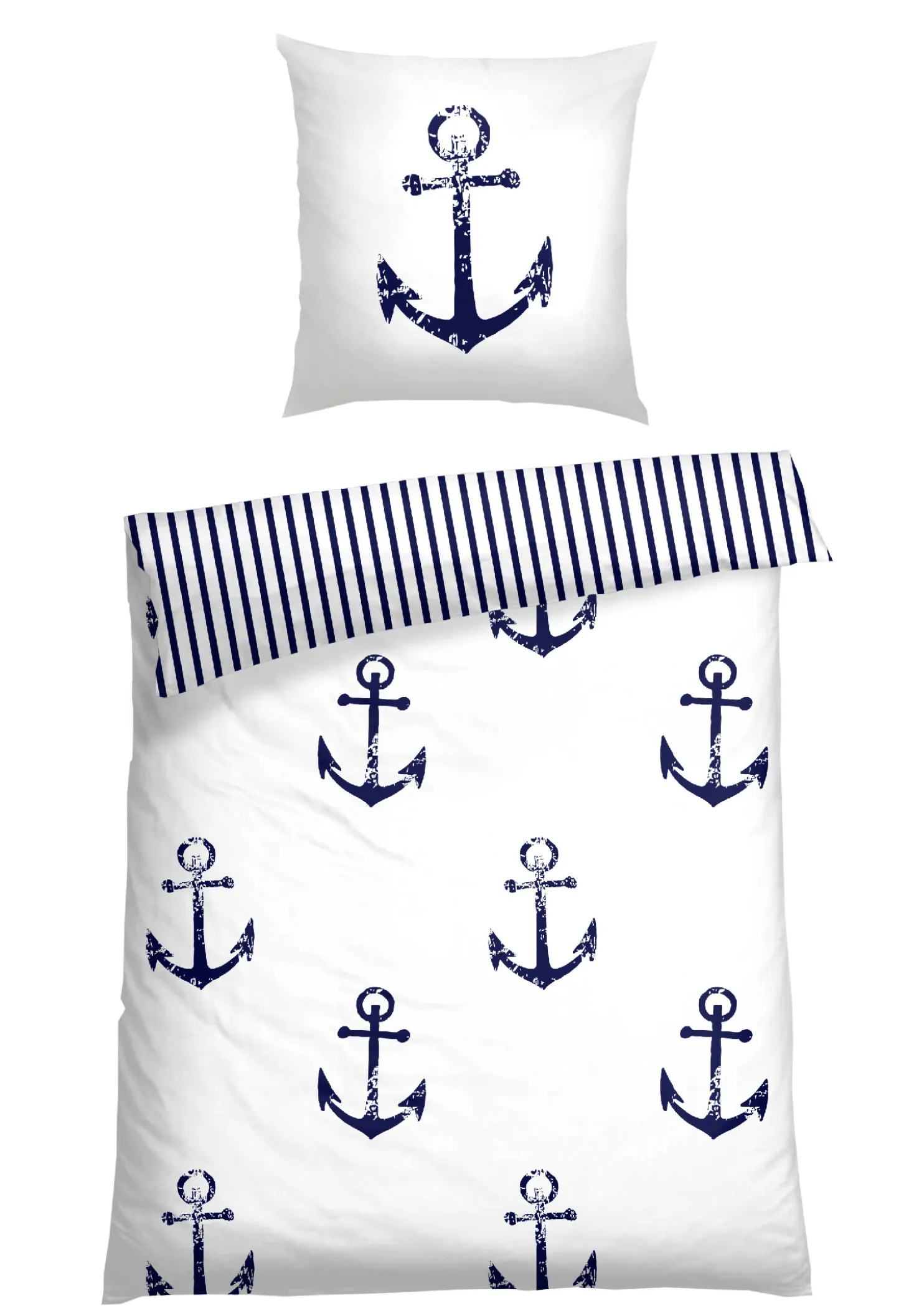 Wende-Bettwäsche 2-teilig Renforcé Anker Streifen weiß/navy - SCHIESSER Home